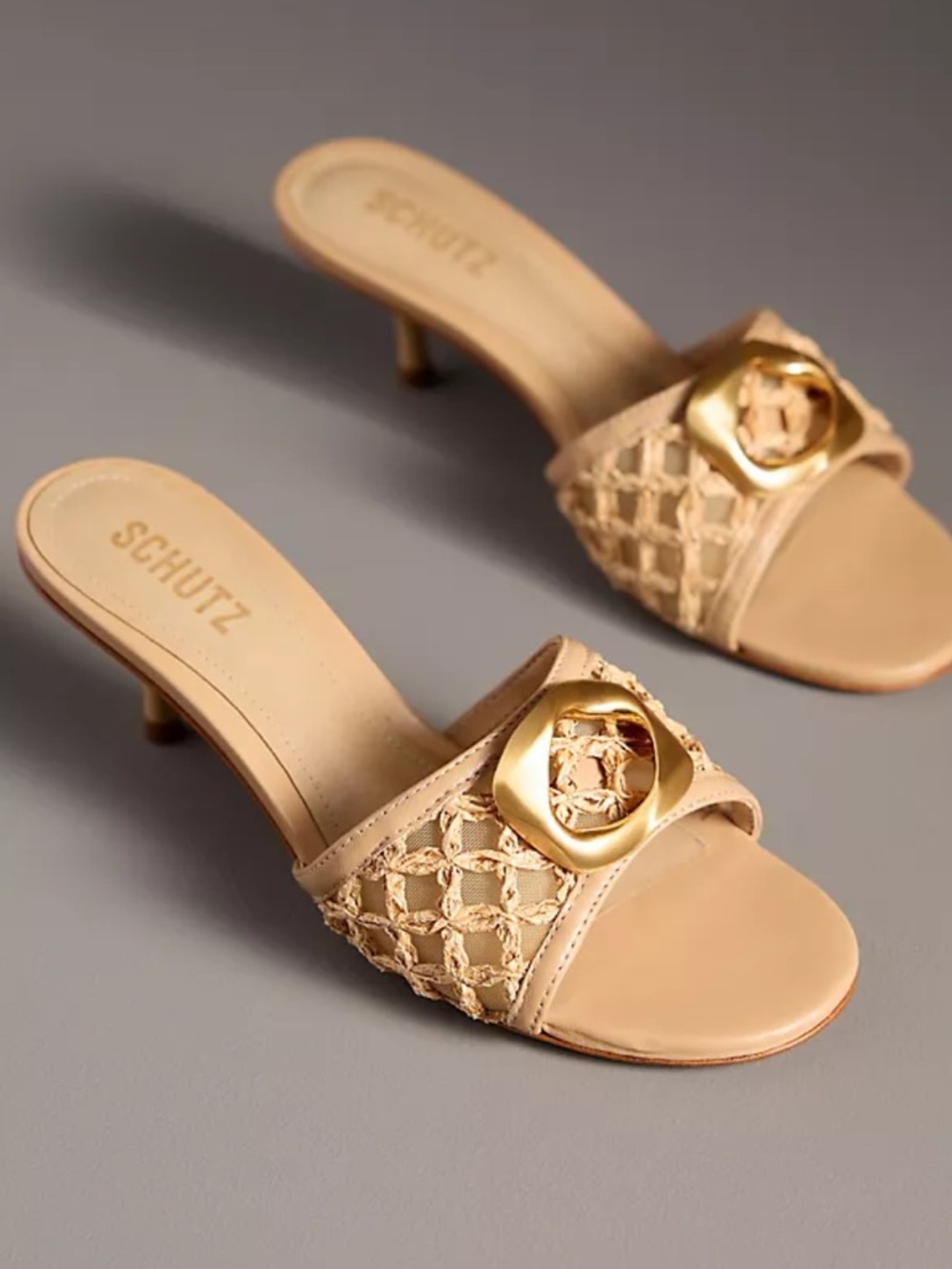 SCHUTZ
Olga Kitten Heels Beige Braided Slide Mules with Gold Accen size 7.5